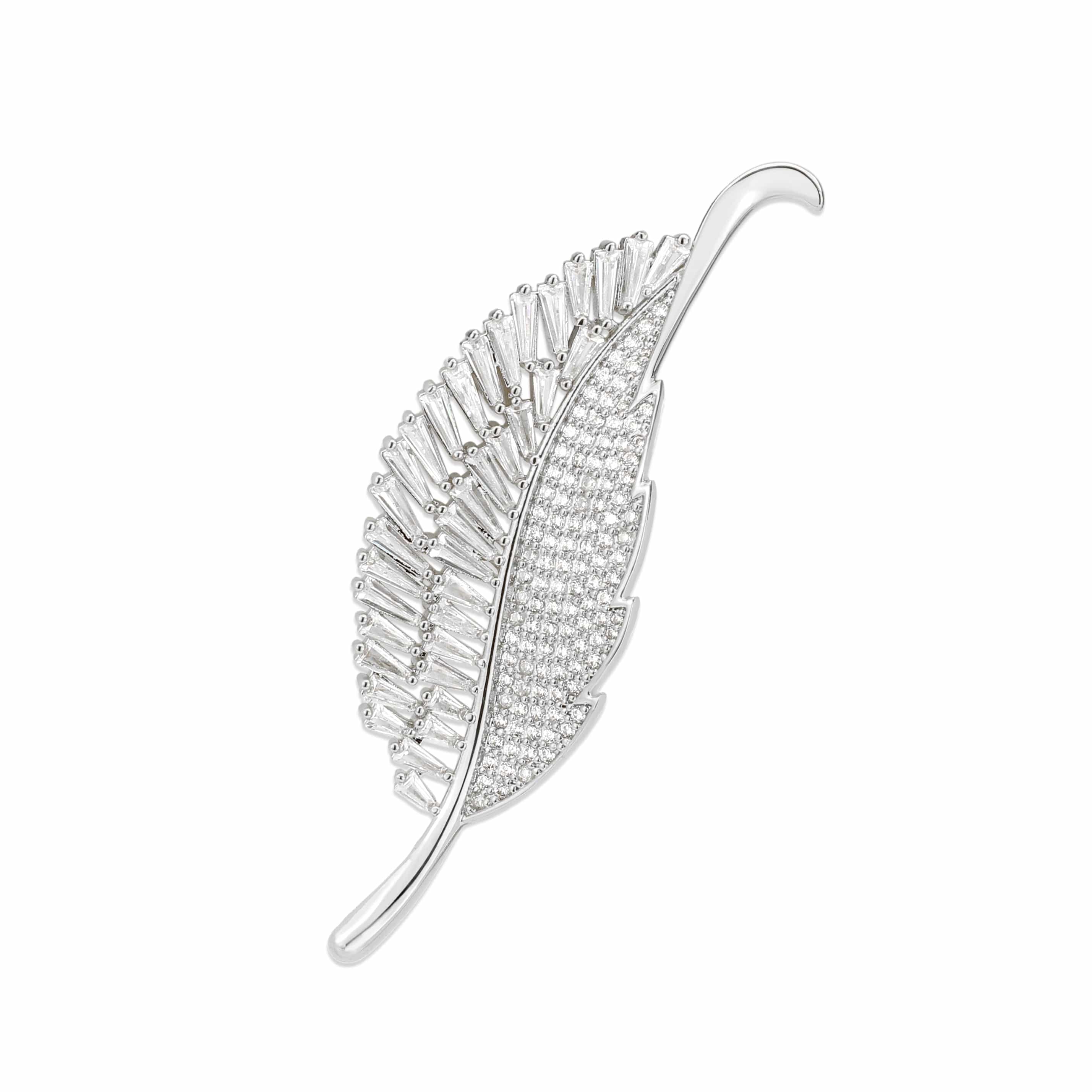 Brass CZ Baguette Feather Leaf Brooch | The Stainless Jewelry view 3