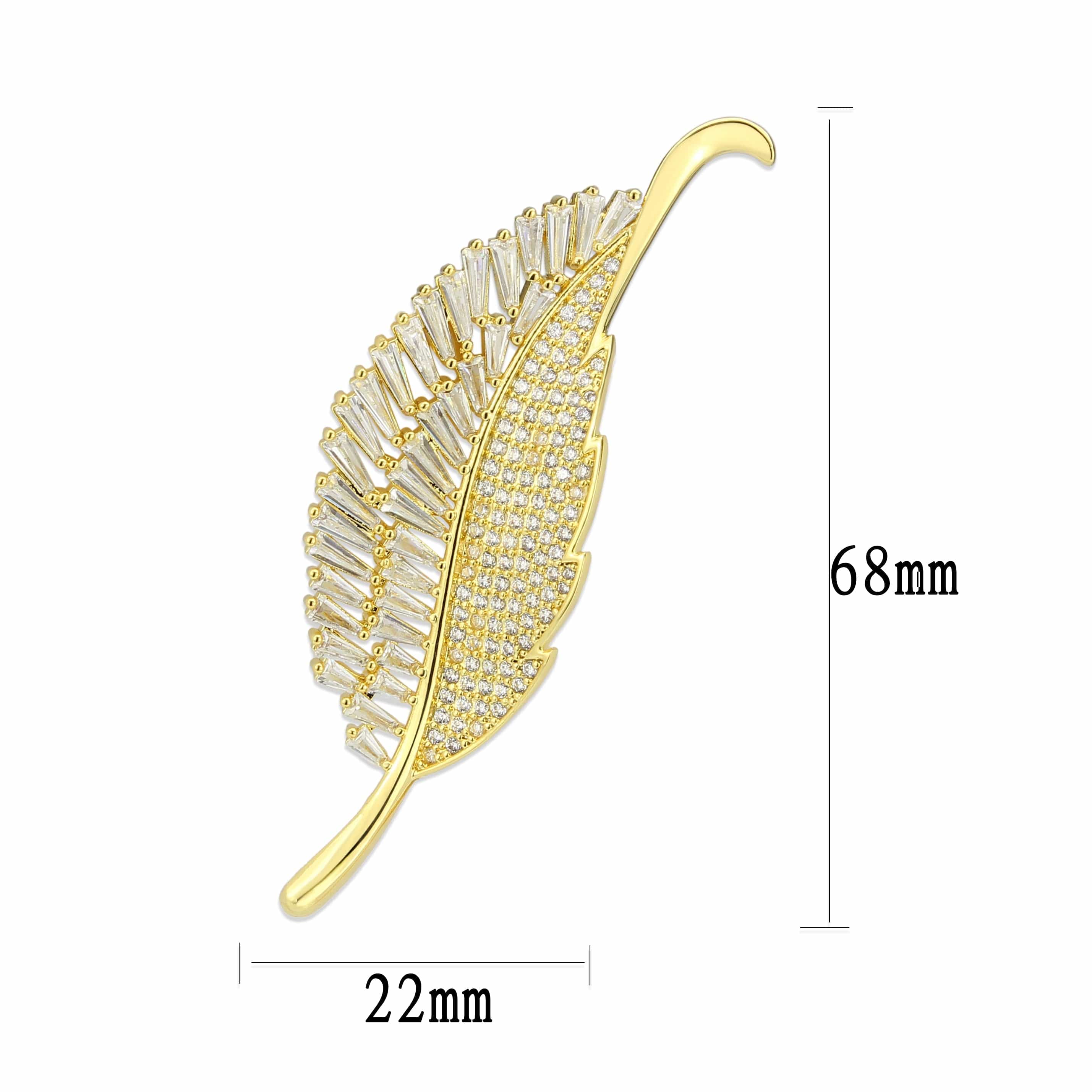 Brass Gold CZ Baguette Feather Leaf Brooch view 3
