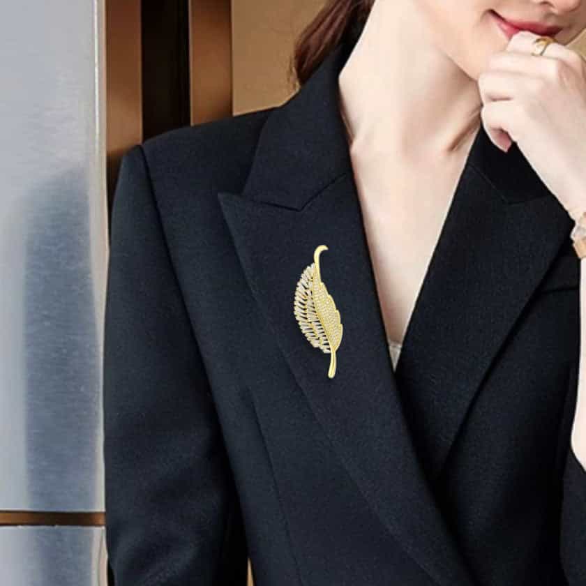 Brass Gold CZ Baguette Feather Leaf Brooch view 2