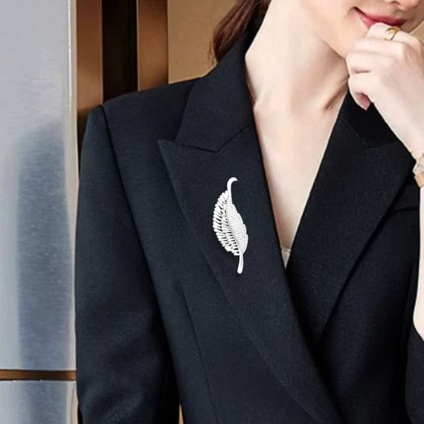 Brass CZ Baguette Feather Leaf Brooch | The Stainless Jewelry view 2