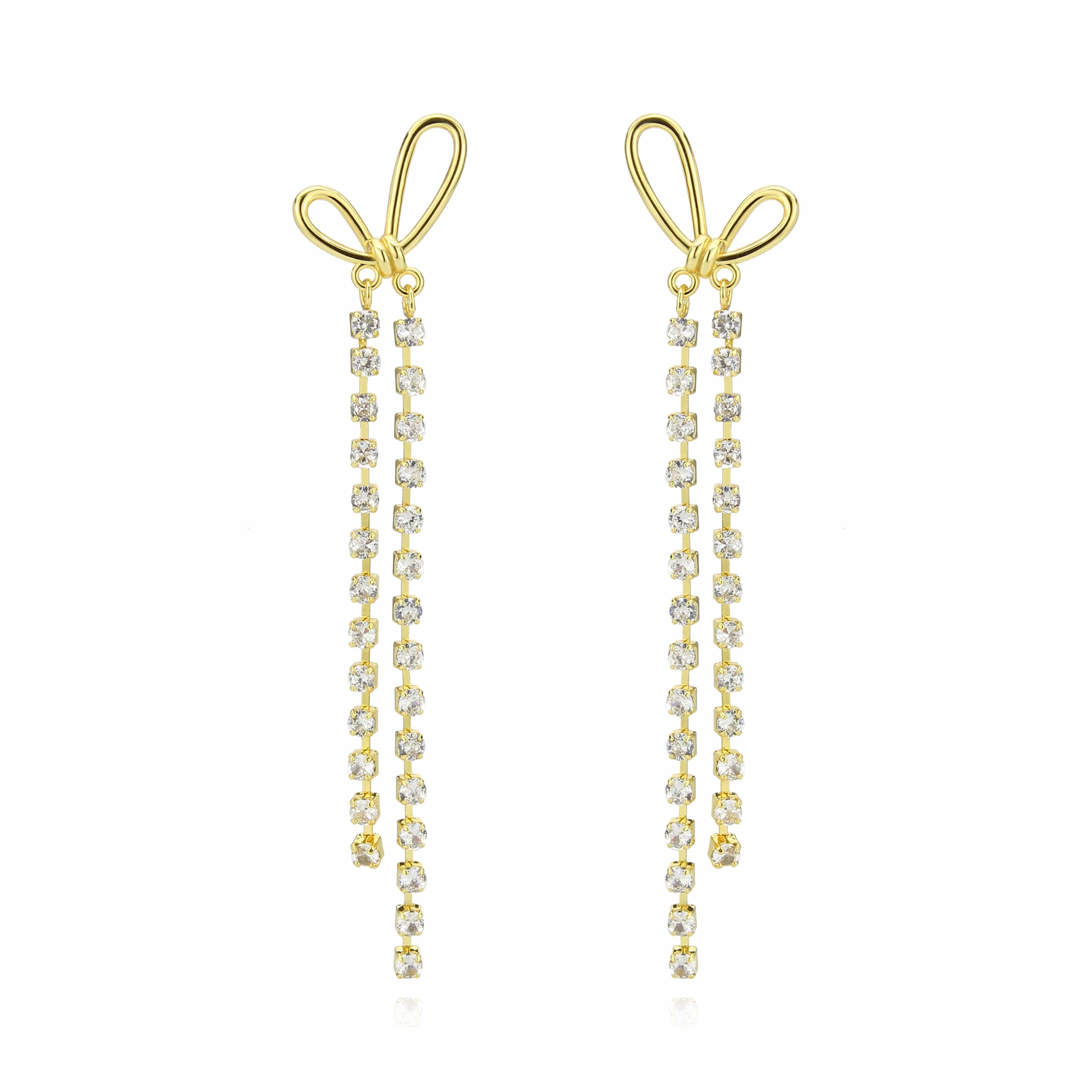 Brass Gold CZ Bow Ribbon Chain Tassel Drop Earrings view 1