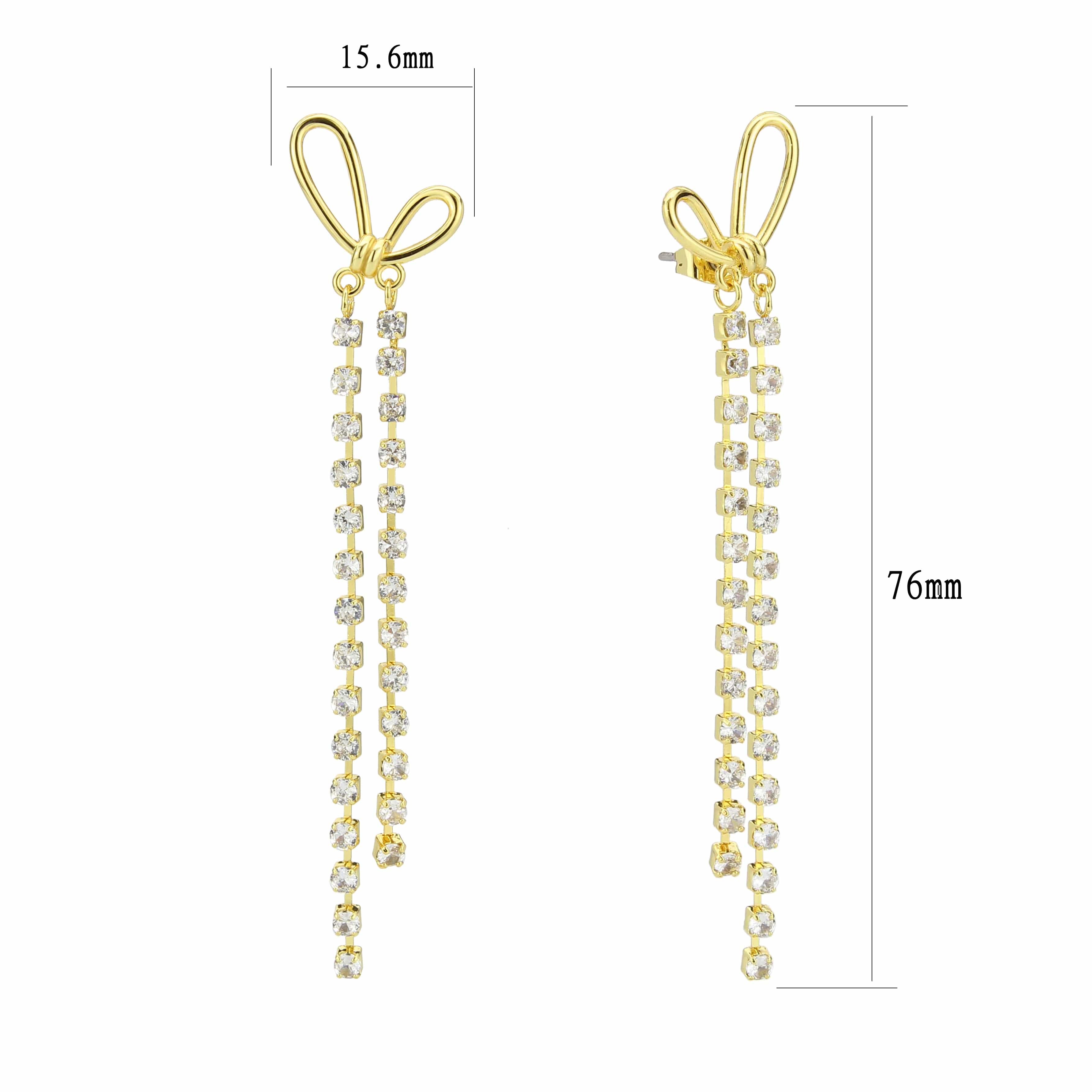 Brass Gold CZ Bow Ribbon Chain Tassel Drop Earrings view 3