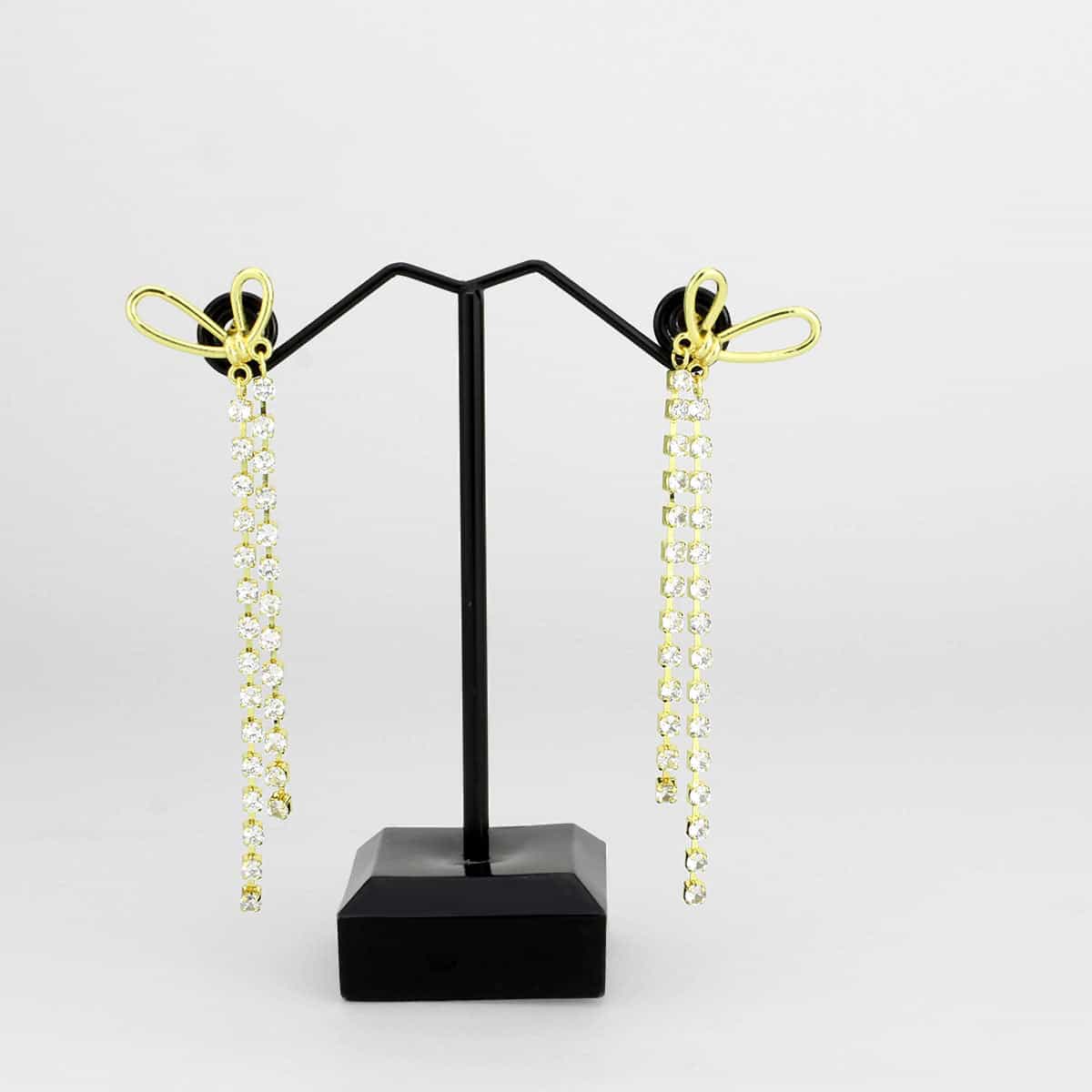 Brass Gold CZ Bow Ribbon Chain Tassel Drop Earrings view 2