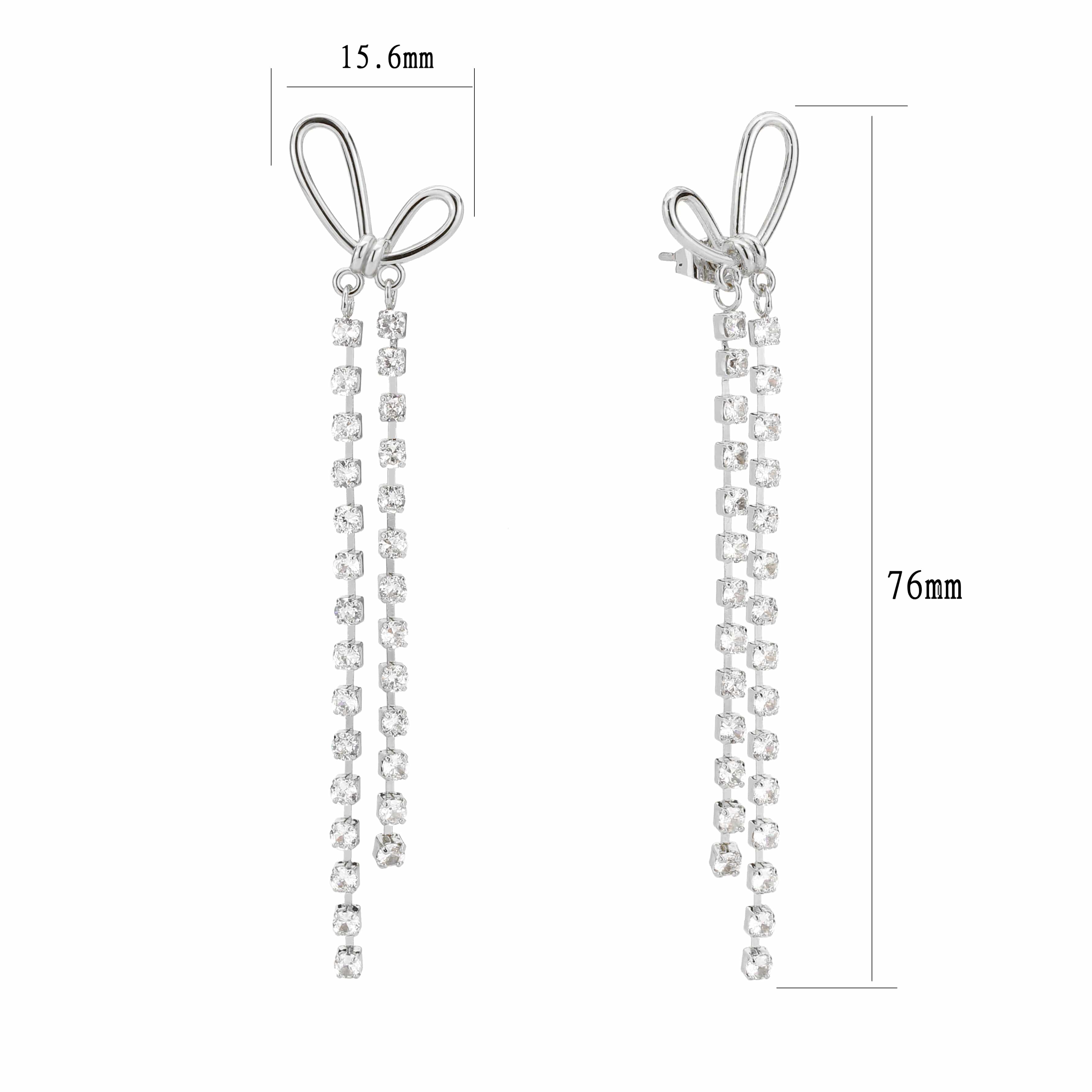 Brass CZ Bow Ribbon Chain Tassel Drop Earrings view 1