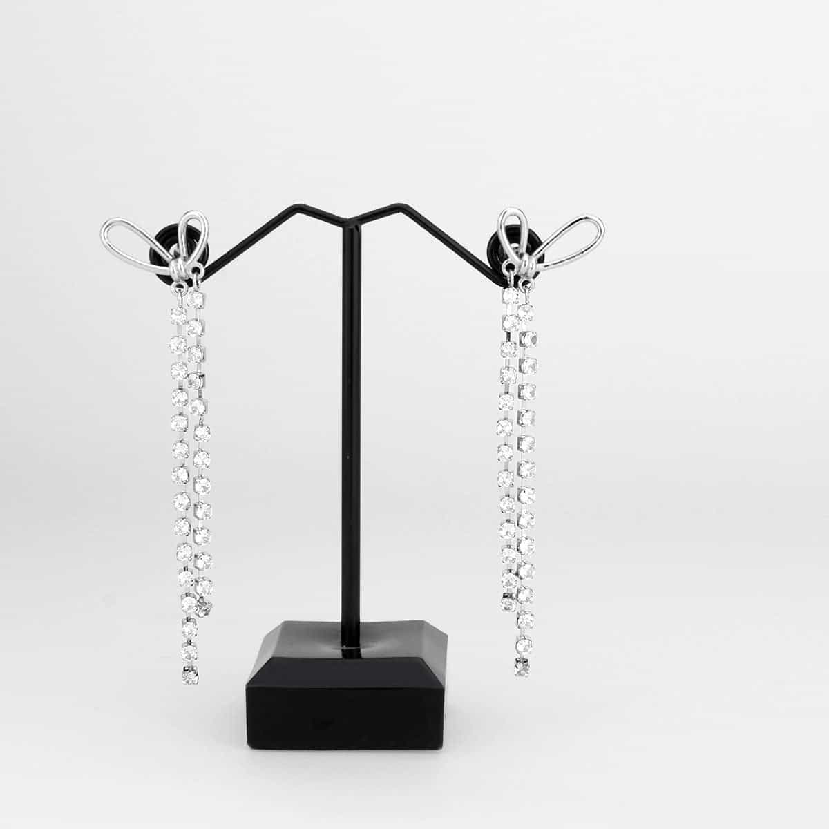 Brass CZ Bow Ribbon Chain Tassel Drop Earrings view 2