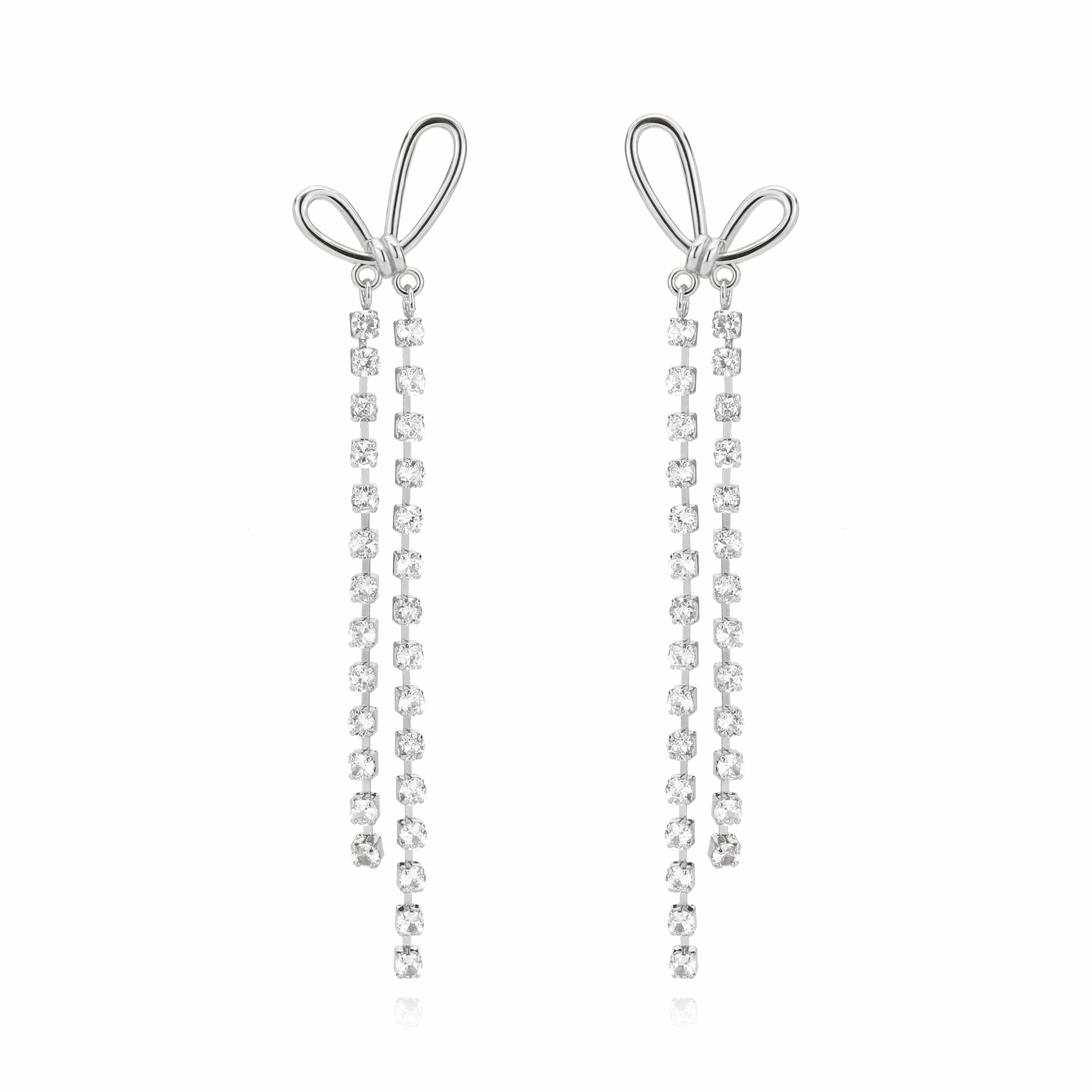 Brass CZ Bow Ribbon Chain Tassel Drop Earrings view 3