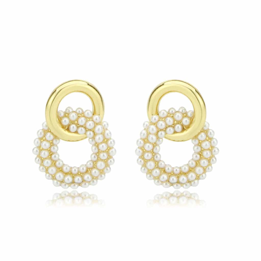 Brass Gold Pearl Cluster Circle Donut Drop Earrings view 1