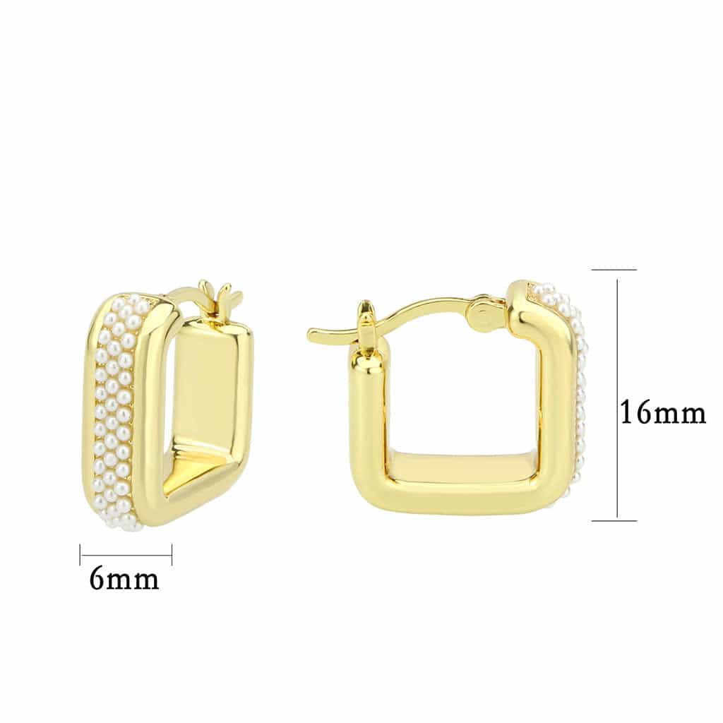Brass Gold Pearl Encrusted Rectangle Huggie Earrings view 2