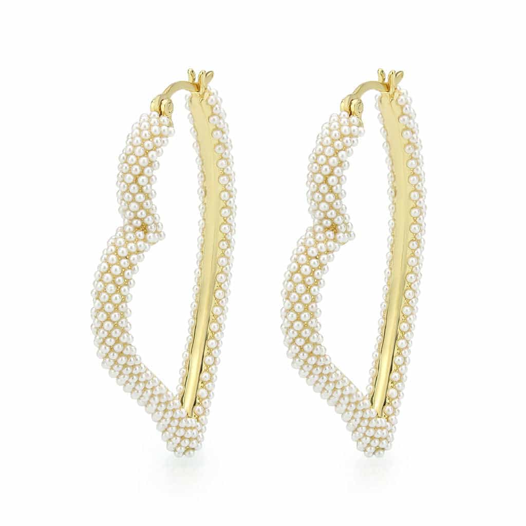 Brass Gold Pearl Encrusted Wave Leaf Drop Earrings view 1