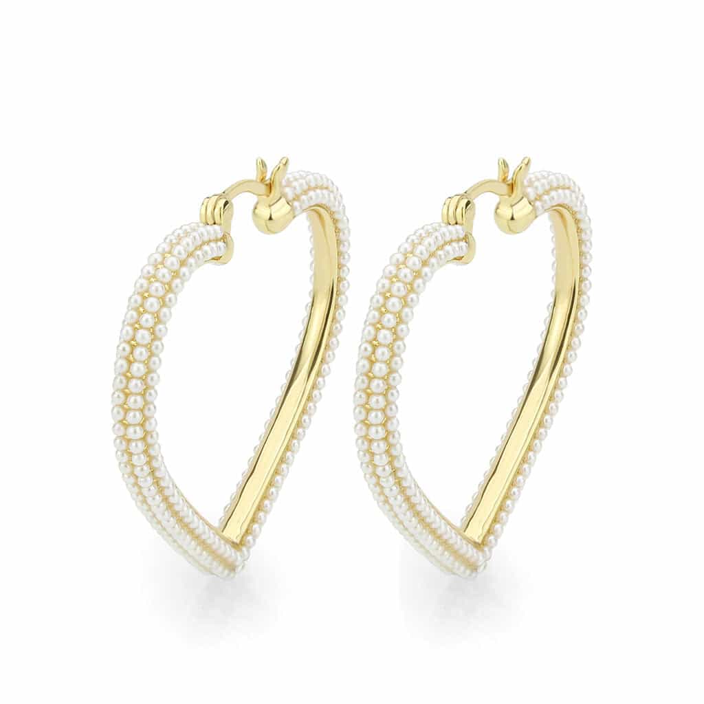 Brass Gold Pearl Encrusted Twisted Hoop Earrings view 1
