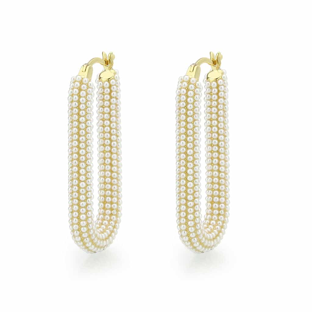 Brass Gold Pearl Encrusted Elongated U-Hoop Earrings view 1