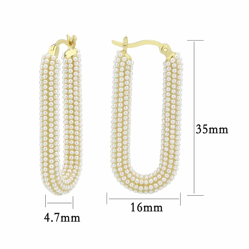 Brass Gold Pearl Encrusted Elongated U-Hoop Earrings view 2