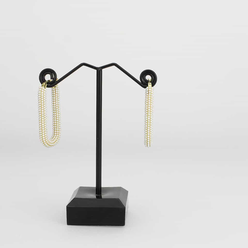 Brass Gold Pearl Encrusted Elongated U-Hoop Earrings view 3