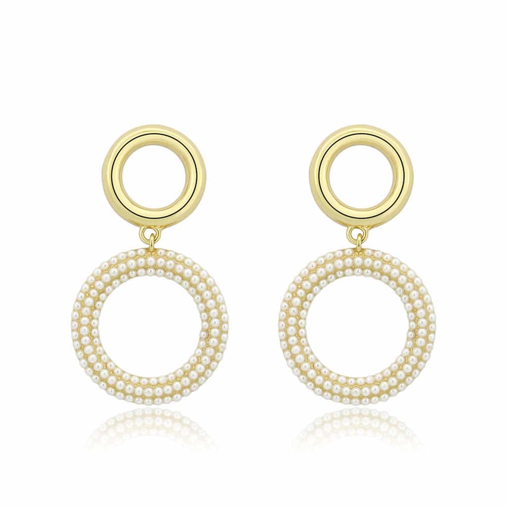 Brass Gold Pearl Encrusted Double Circle Drop Earrings view 1