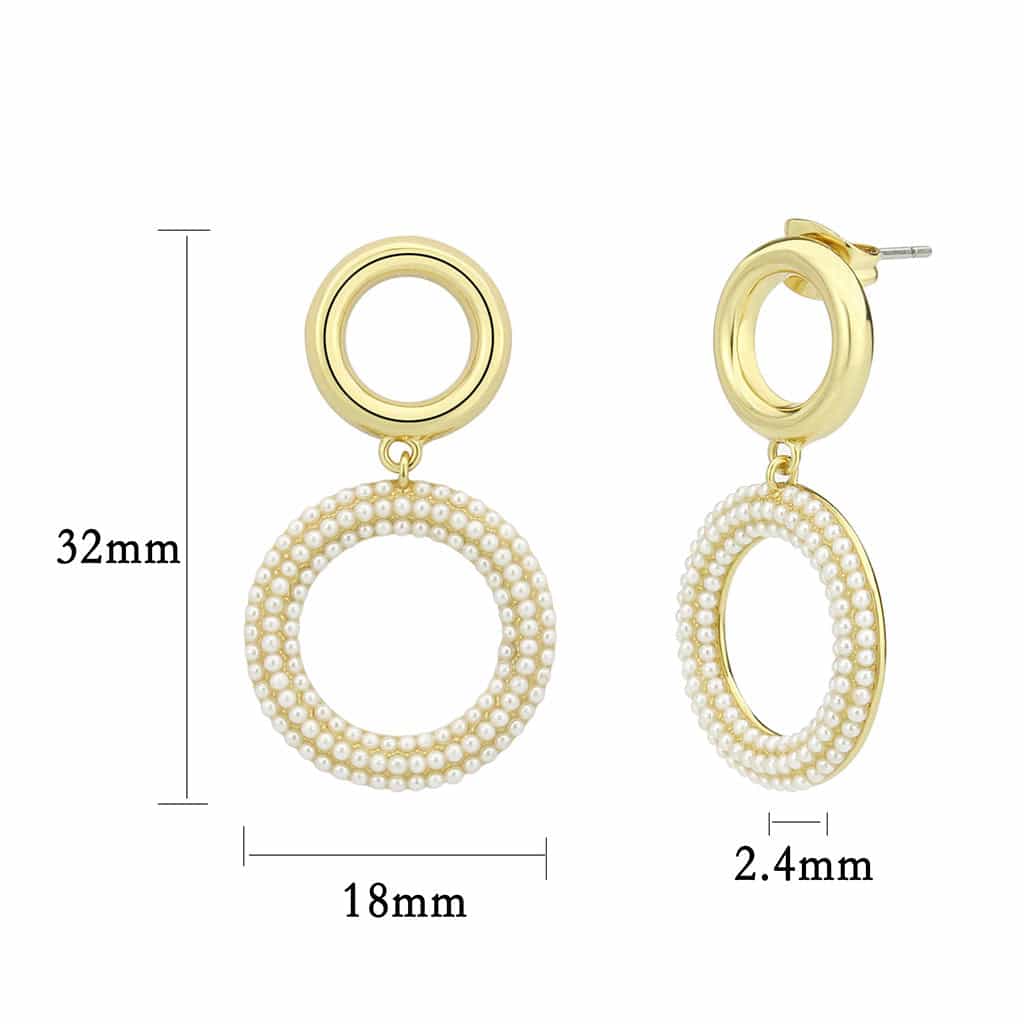 Brass Gold Pearl Encrusted Double Circle Drop Earrings view 2