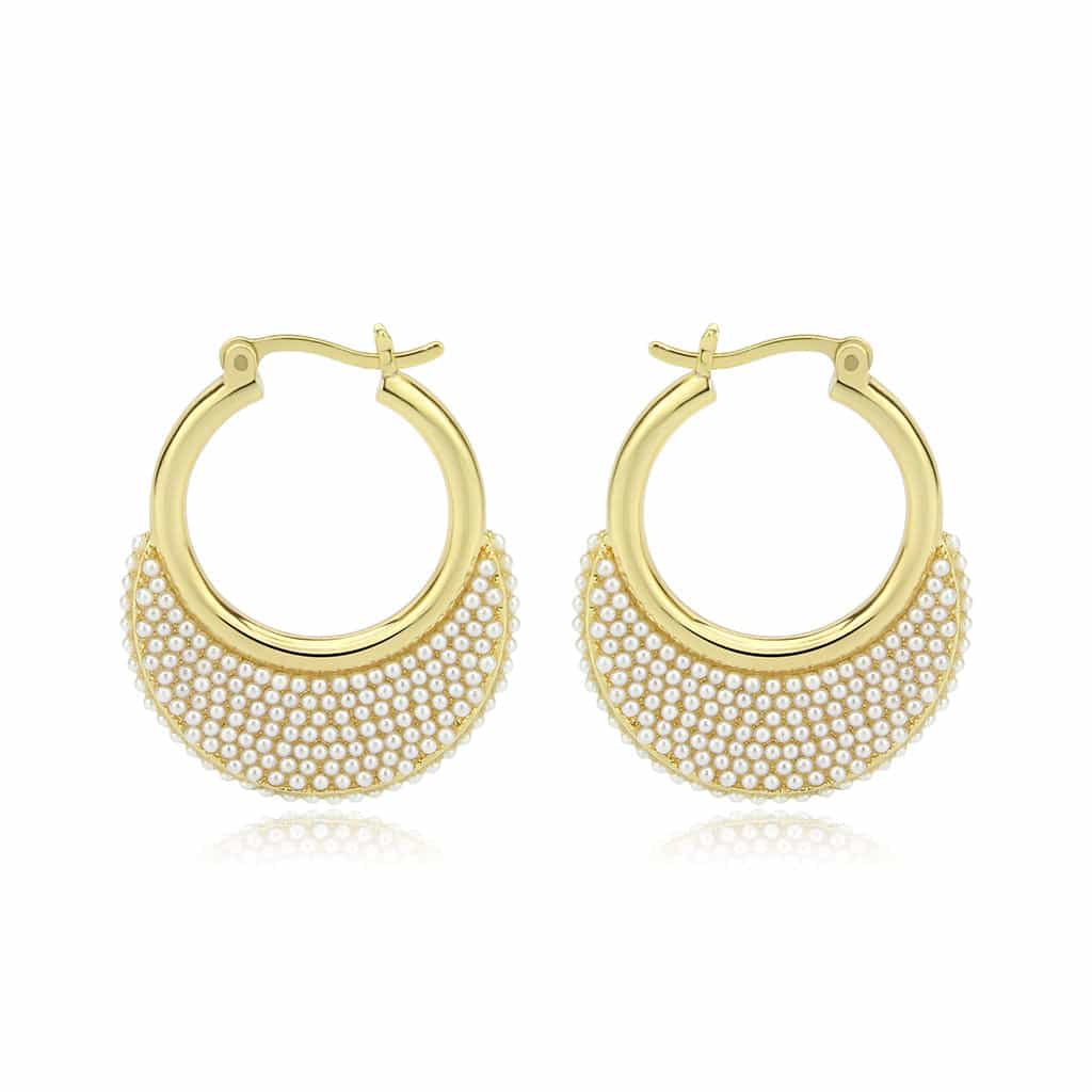 Brass Gold Pearl Encrusted Crescent Moon Hoop Earrings view 1
