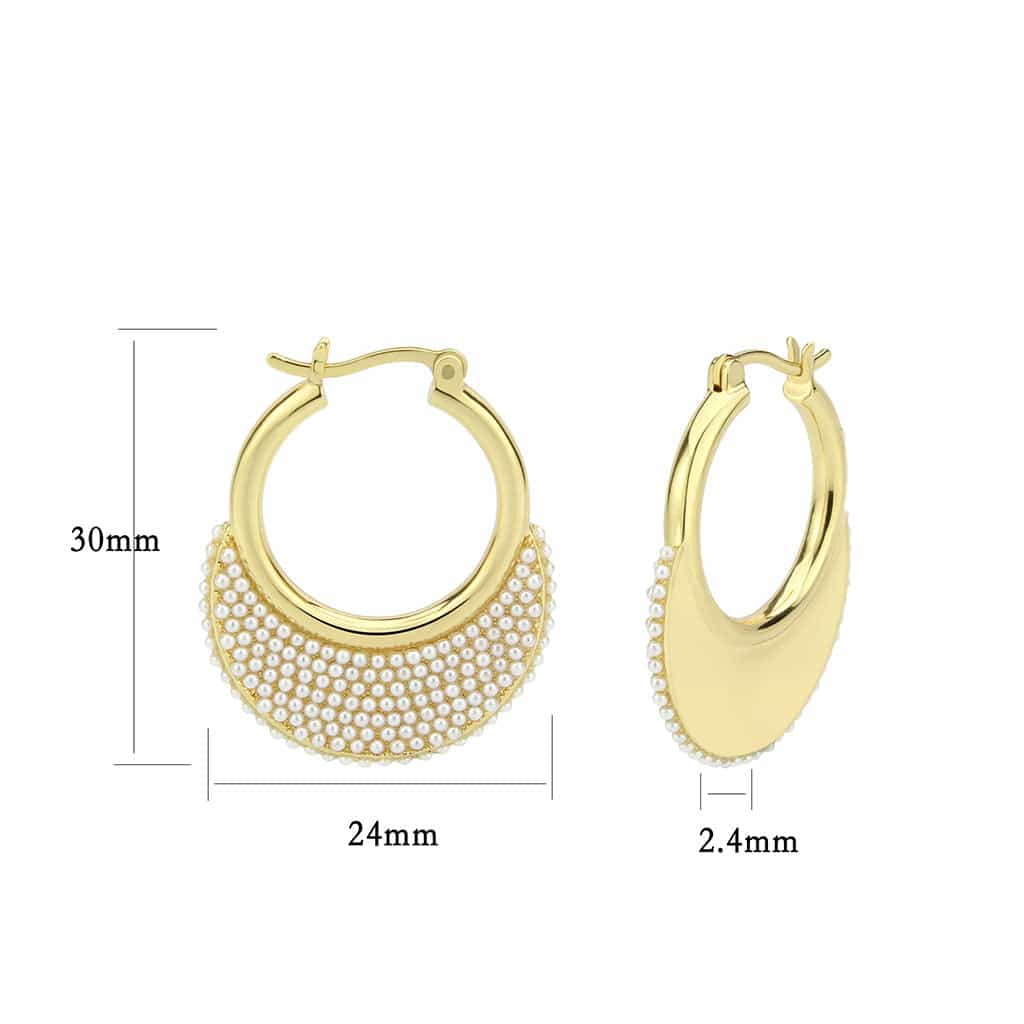 Brass Gold Pearl Encrusted Crescent Moon Hoop Earrings view 2