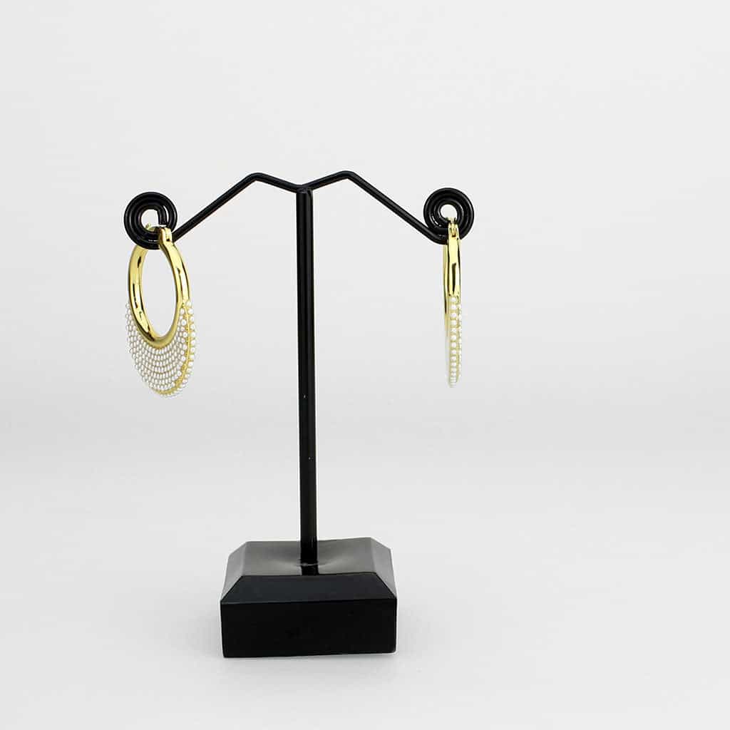 Brass Gold Pearl Encrusted Crescent Moon Hoop Earrings view 3