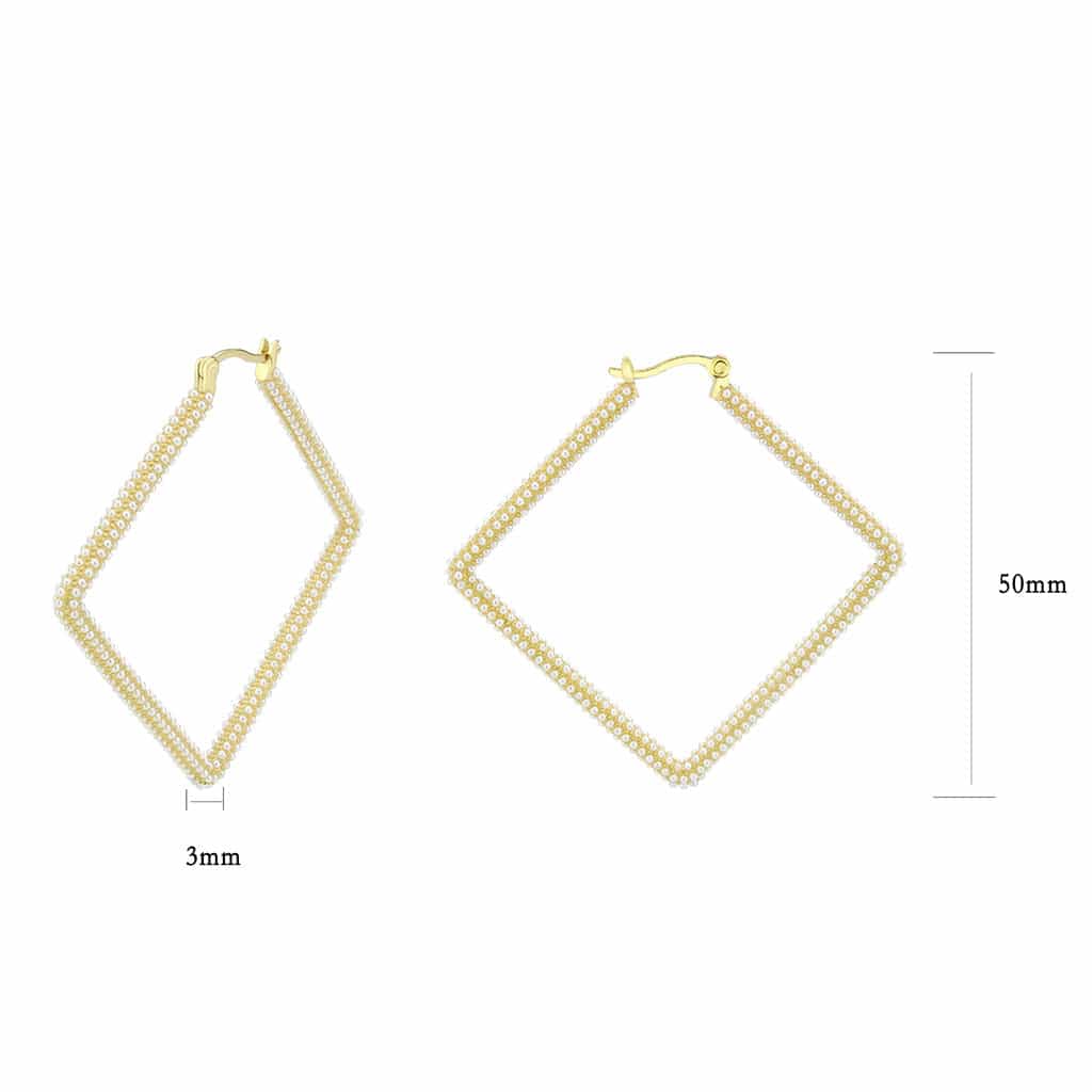 Brass Gold Pearl Encrusted Diamond Shape Hoop Earrings view 2