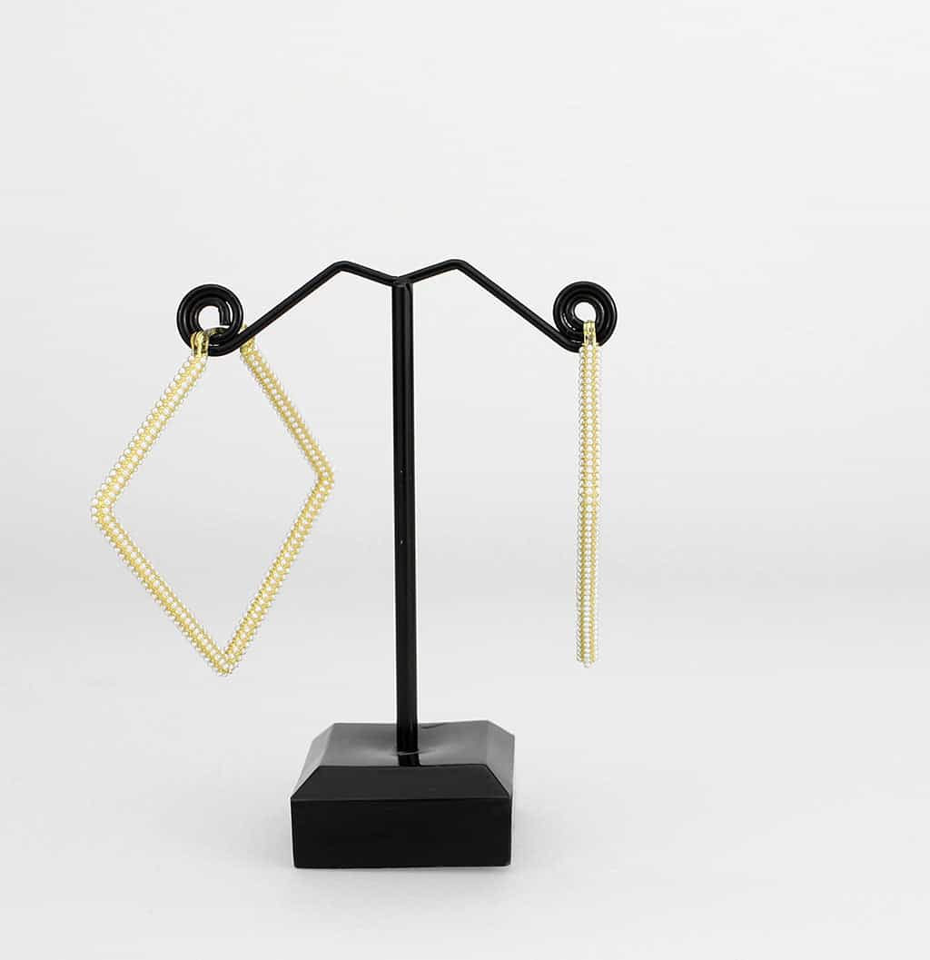 Brass Gold Pearl Encrusted Diamond Shape Hoop Earrings view 3