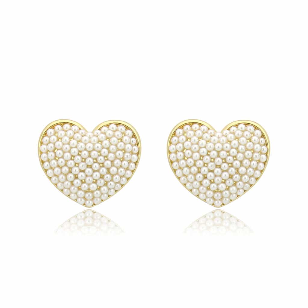 Brass Gold Pearl Encrusted Heart Stud Earrings view 1