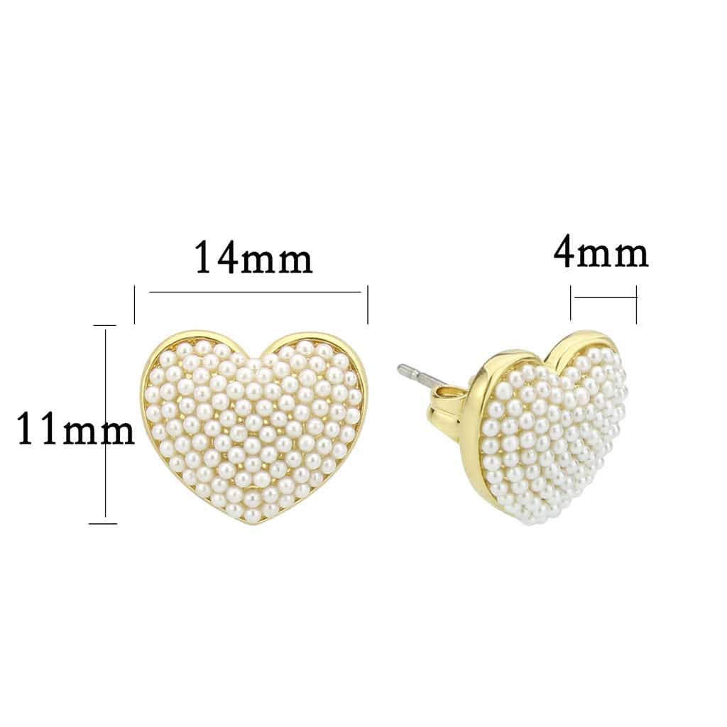 Brass Gold Pearl Encrusted Heart Stud Earrings view 2