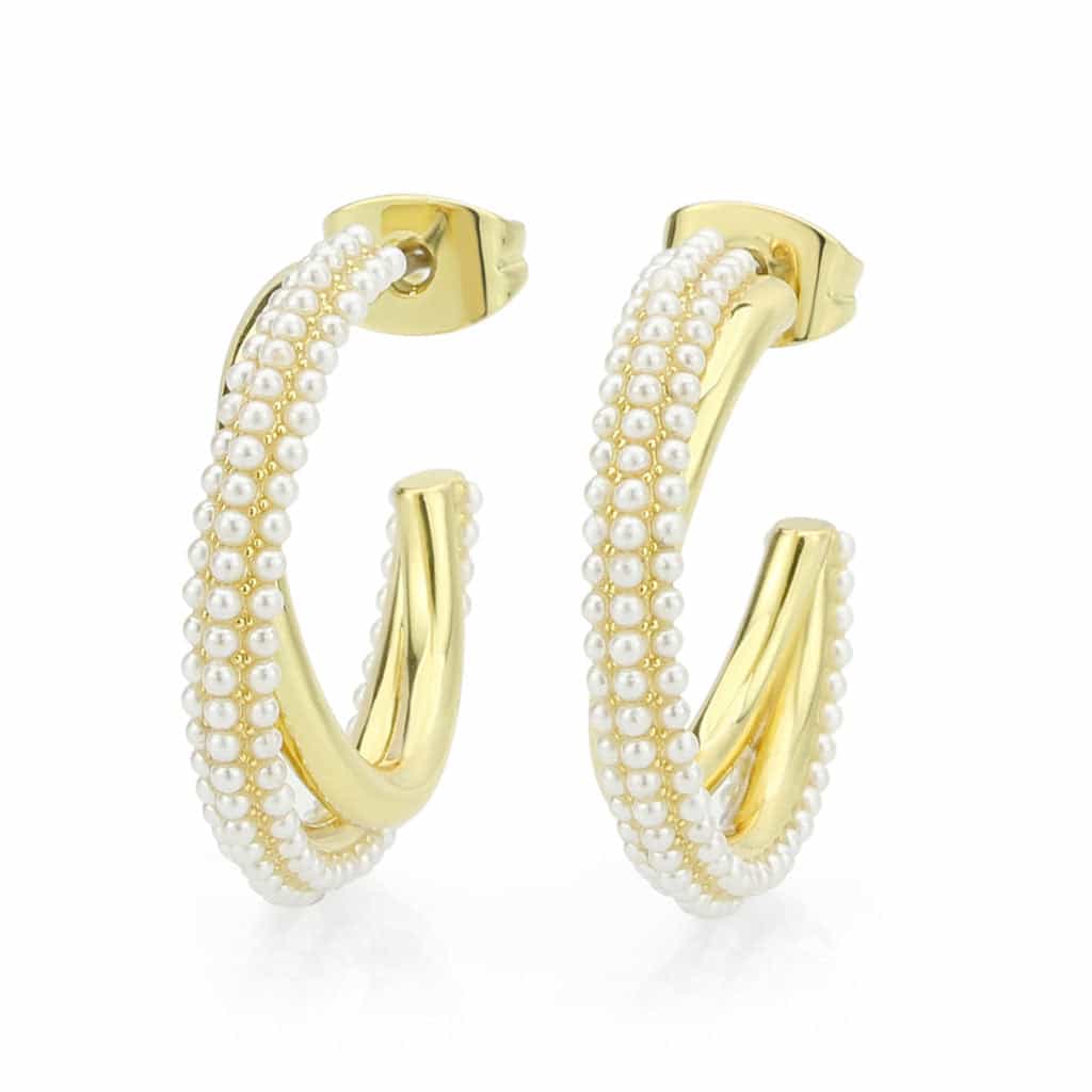 Brass Gold Pearl Encrusted Crossover Hoop Earrings view 1