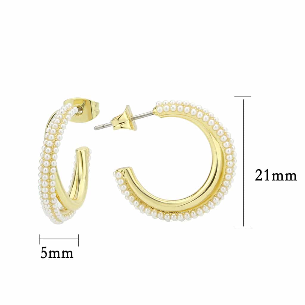 Brass Gold Pearl Encrusted Crossover Hoop Earrings view 2