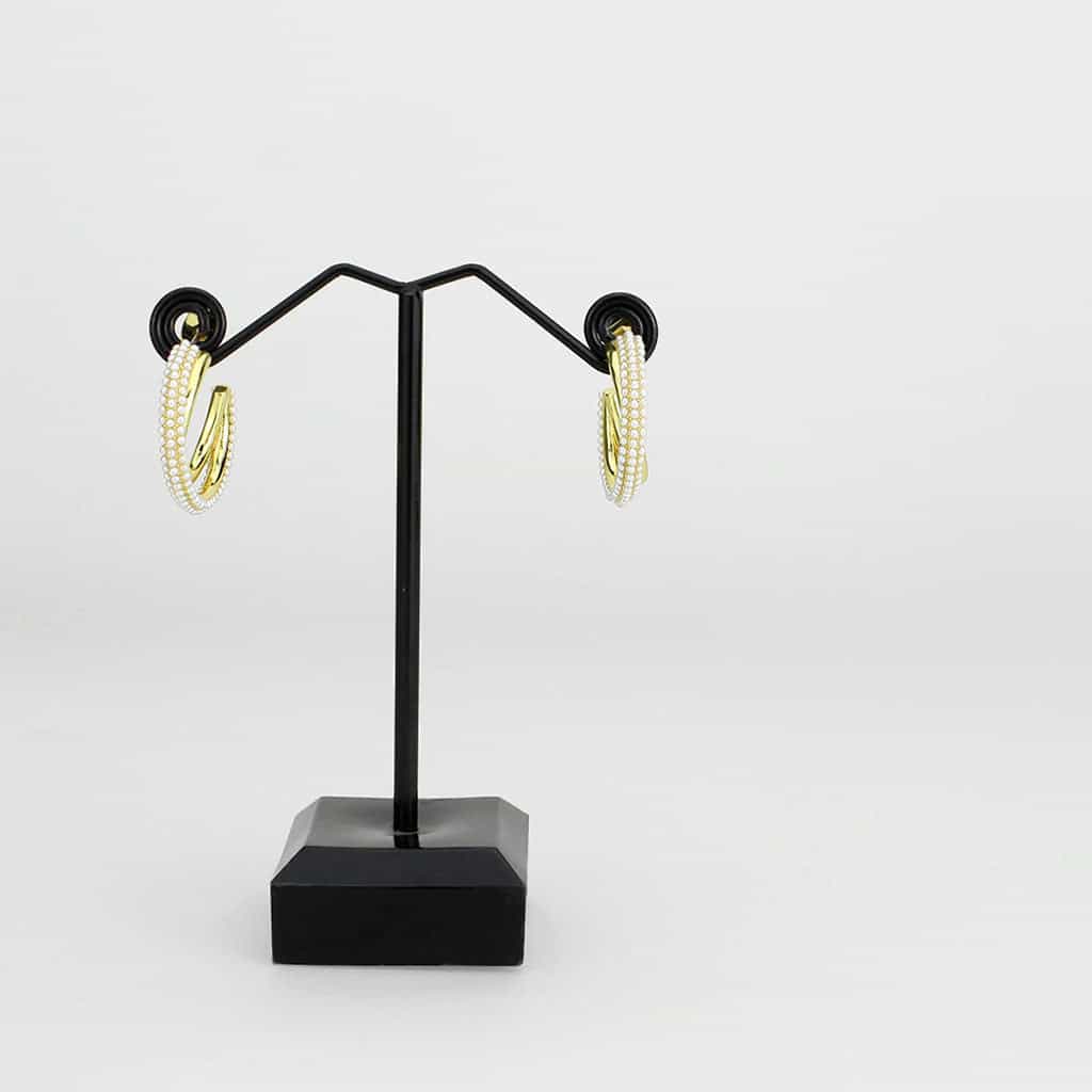 Brass Gold Pearl Encrusted Crossover Hoop Earrings view 3