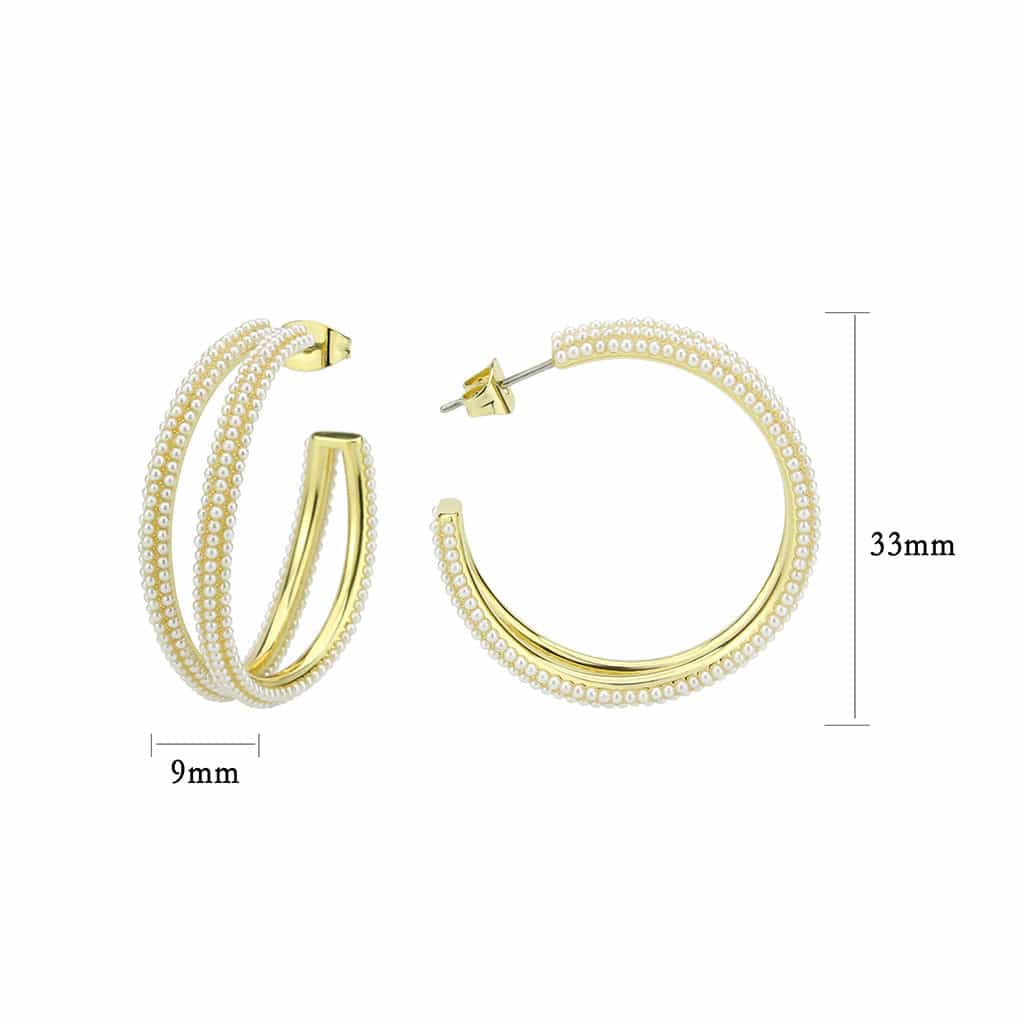 Brass Gold Pearl Encrusted Triple Row Hoop Earrings view 2