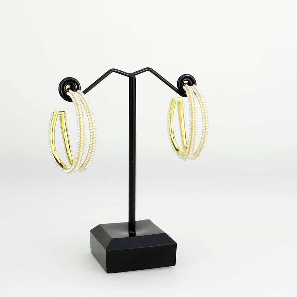 Brass Gold Pearl Encrusted Triple Row Hoop Earrings view 3