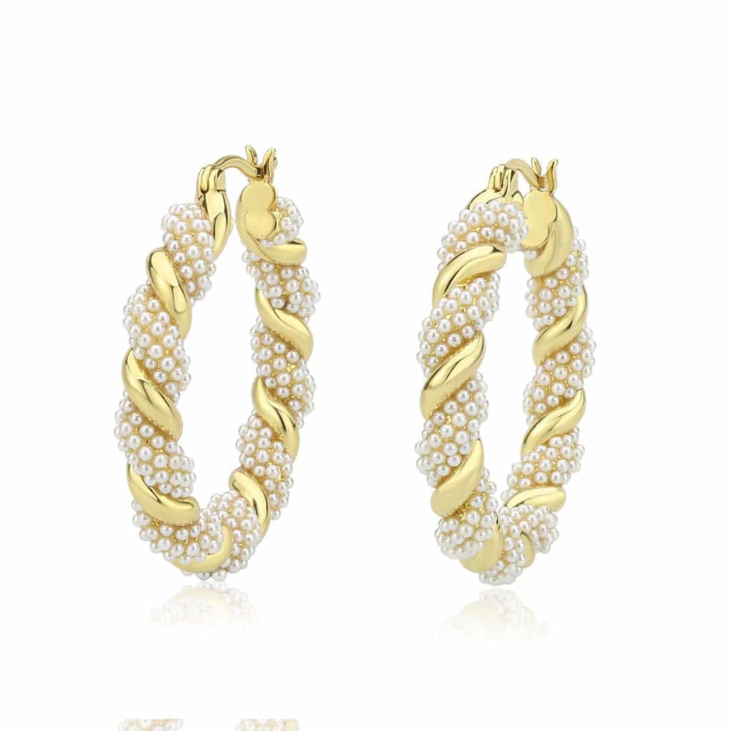 Brass Gold Pearl Twisted Rope Hoop Earrings view 1