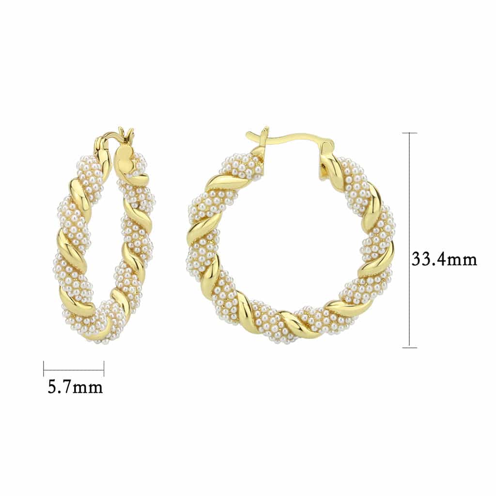 Brass Gold Pearl Twisted Rope Hoop Earrings view 2
