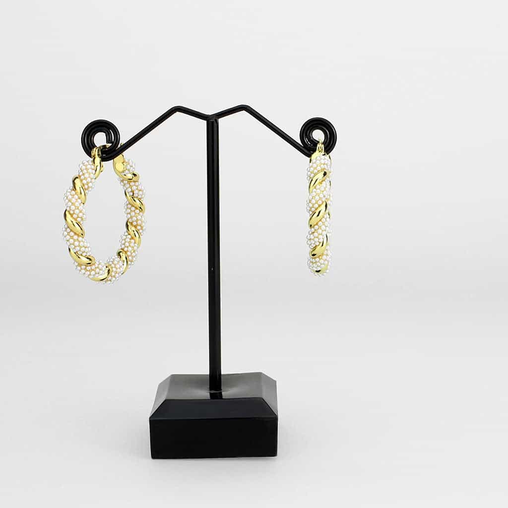 Brass Gold Pearl Twisted Rope Hoop Earrings view 3