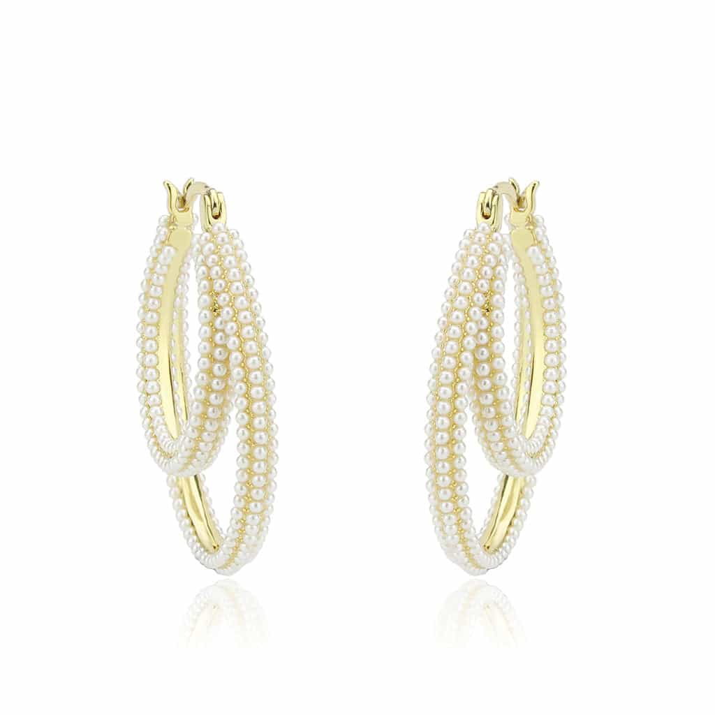 Brass Gold Pearl Marquise Overlay Hoop Earrings view 1
