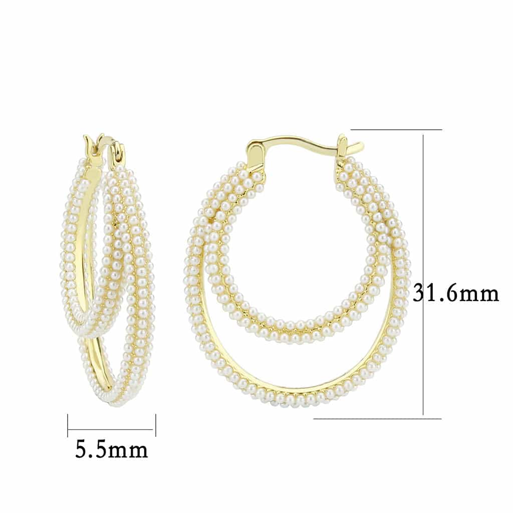 Brass Gold Pearl Marquise Overlay Hoop Earrings view 2