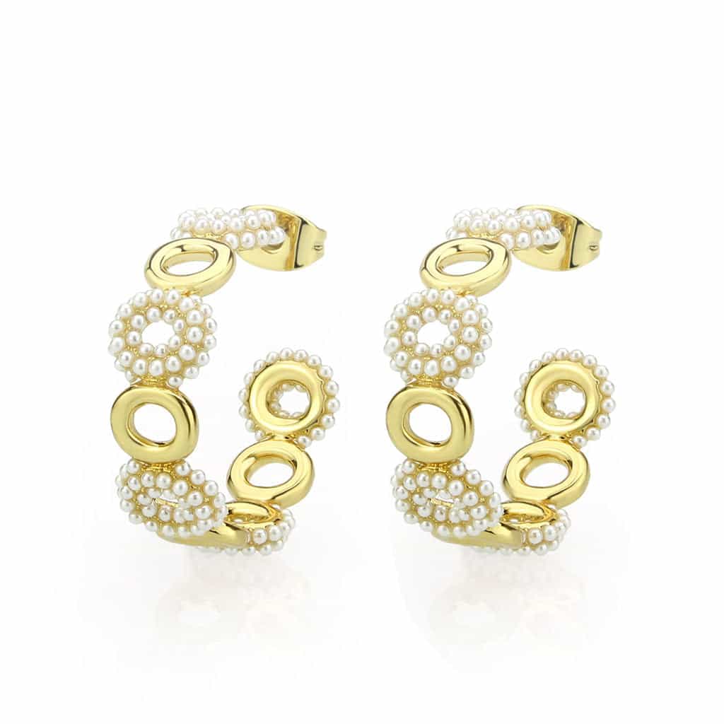 Brass Gold Pearl Encrusted Chain Link Cuff Earrings view 1