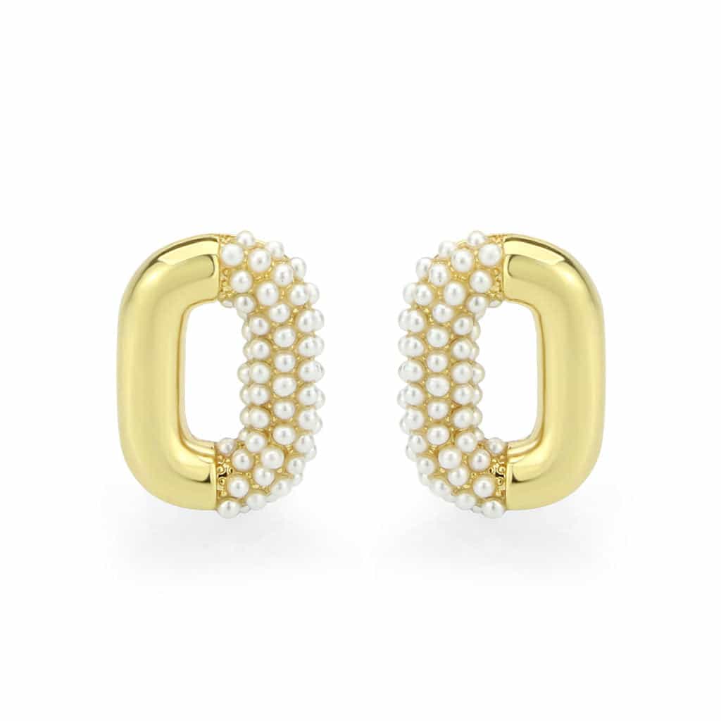 Brass Gold Pearl Encrusted Pill Huggie Earrings view 1