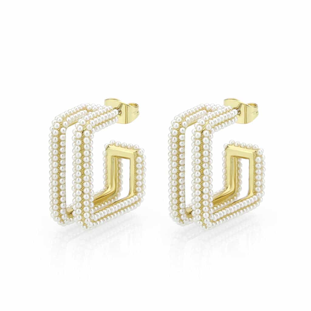 Brass Gold Pearl Encrusted Square Hoop Earrings view 1