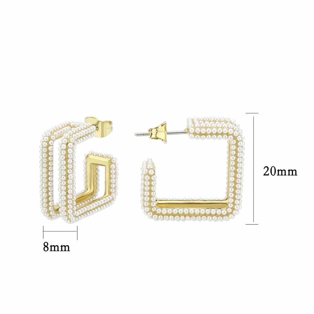 Brass Gold Pearl Encrusted Square Hoop Earrings view 2