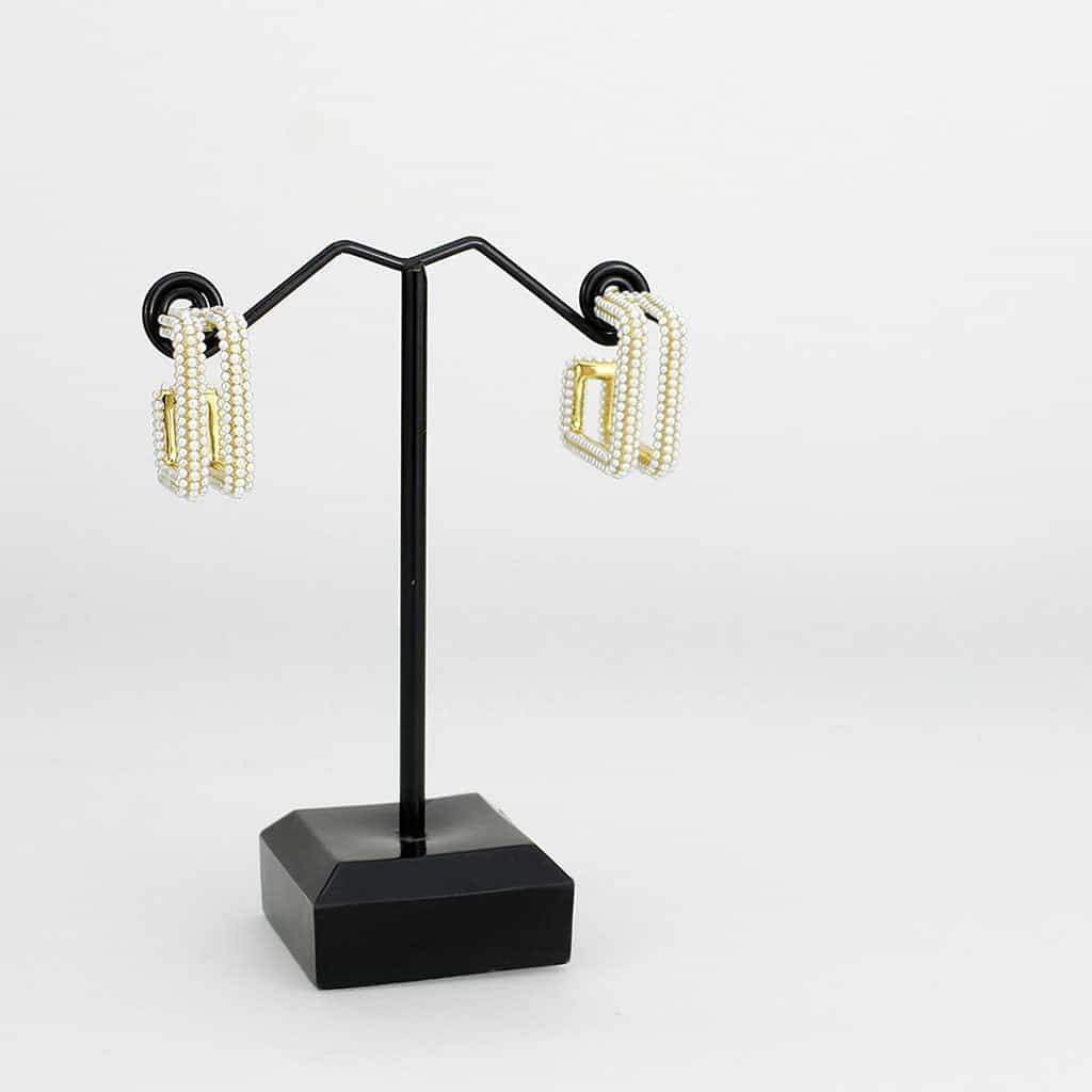 Brass Gold Pearl Encrusted Square Hoop Earrings view 3