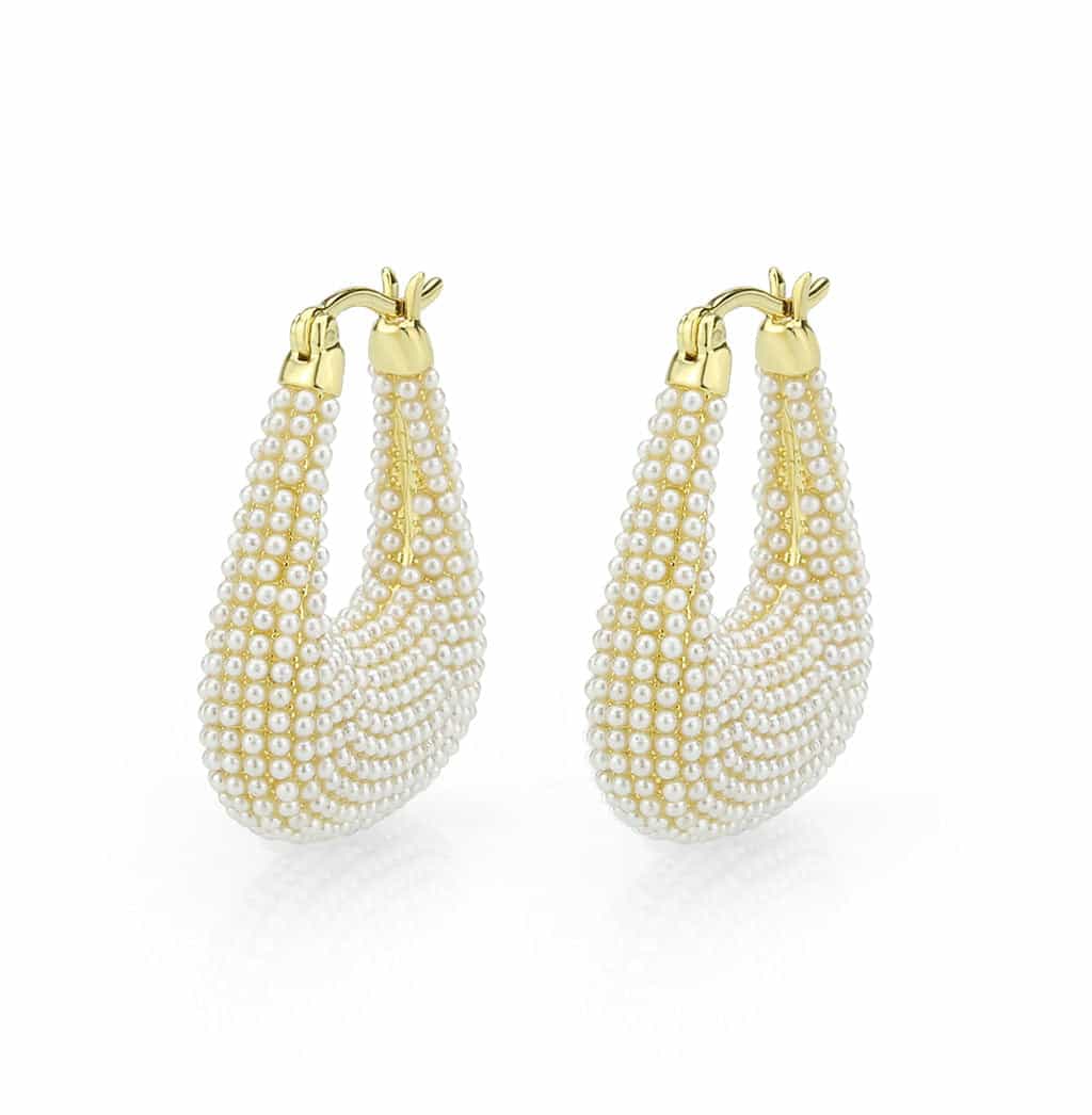 Brass Gold Pearl Encrusted Teardrop Hoop Earrings view 1