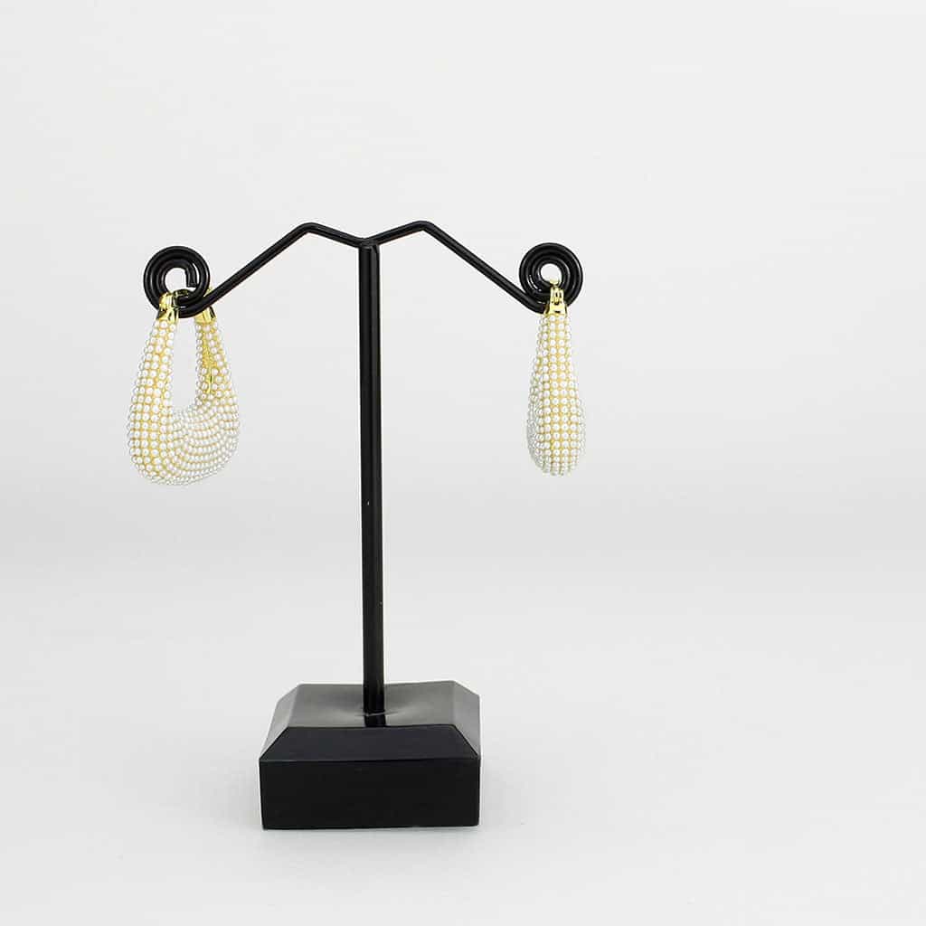 Brass Gold Pearl Encrusted Teardrop Hoop Earrings view 3