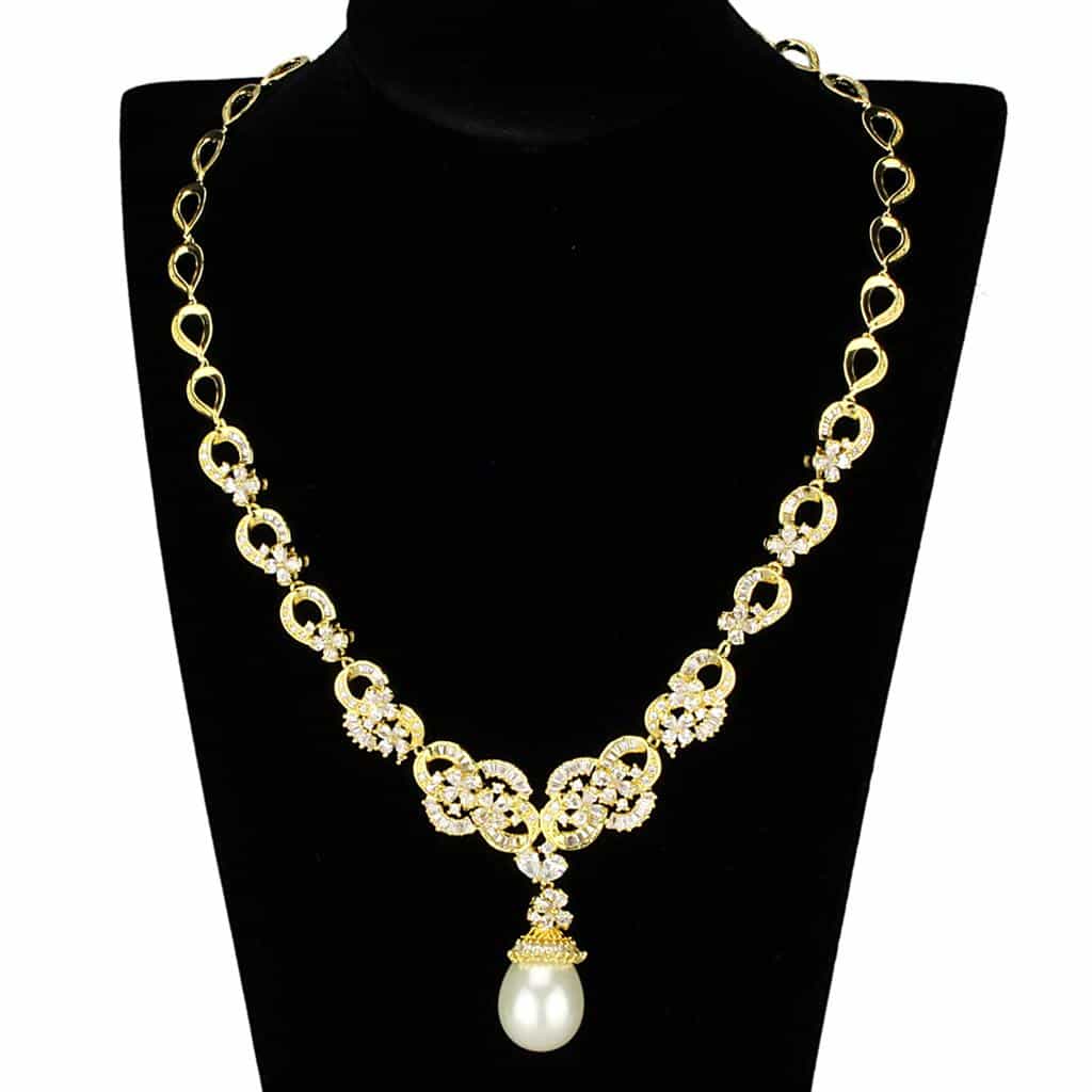Brass Gold CZ Pearl Circle Link Chain Necklace view 4
