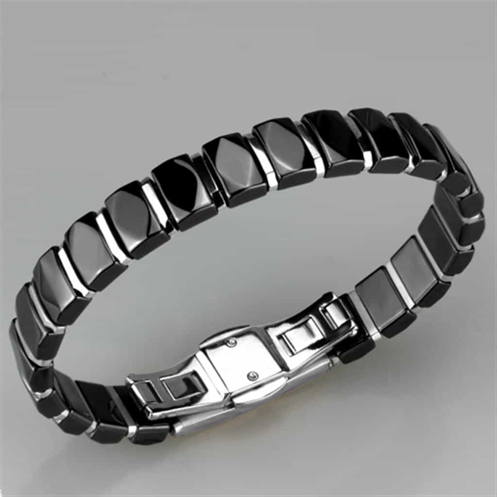 Stainless Steel Black Ceramic Silver Dome Link Bracelet view 2
