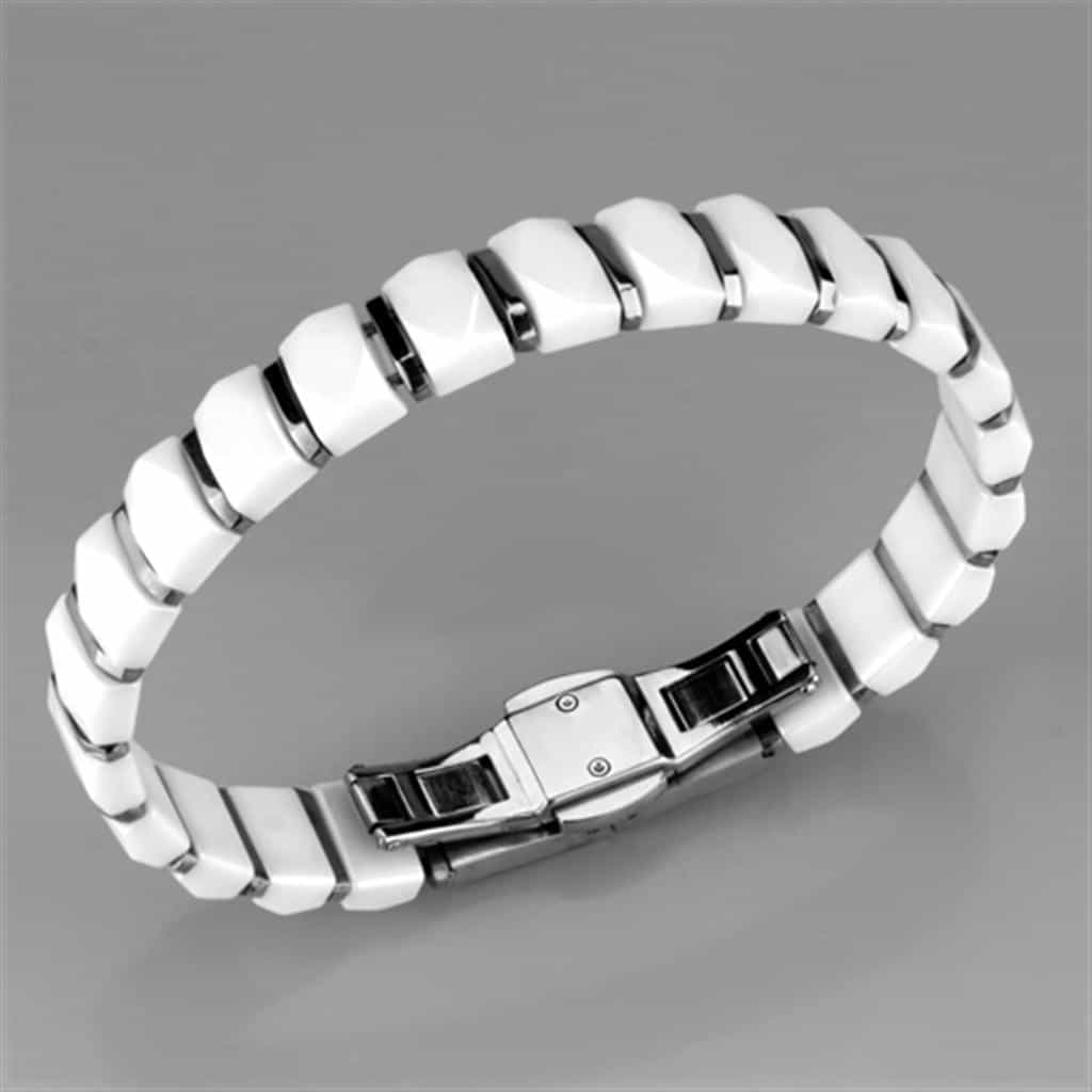 Stainless Steel White Ceramic Silver Dome Link Bracelet view 2