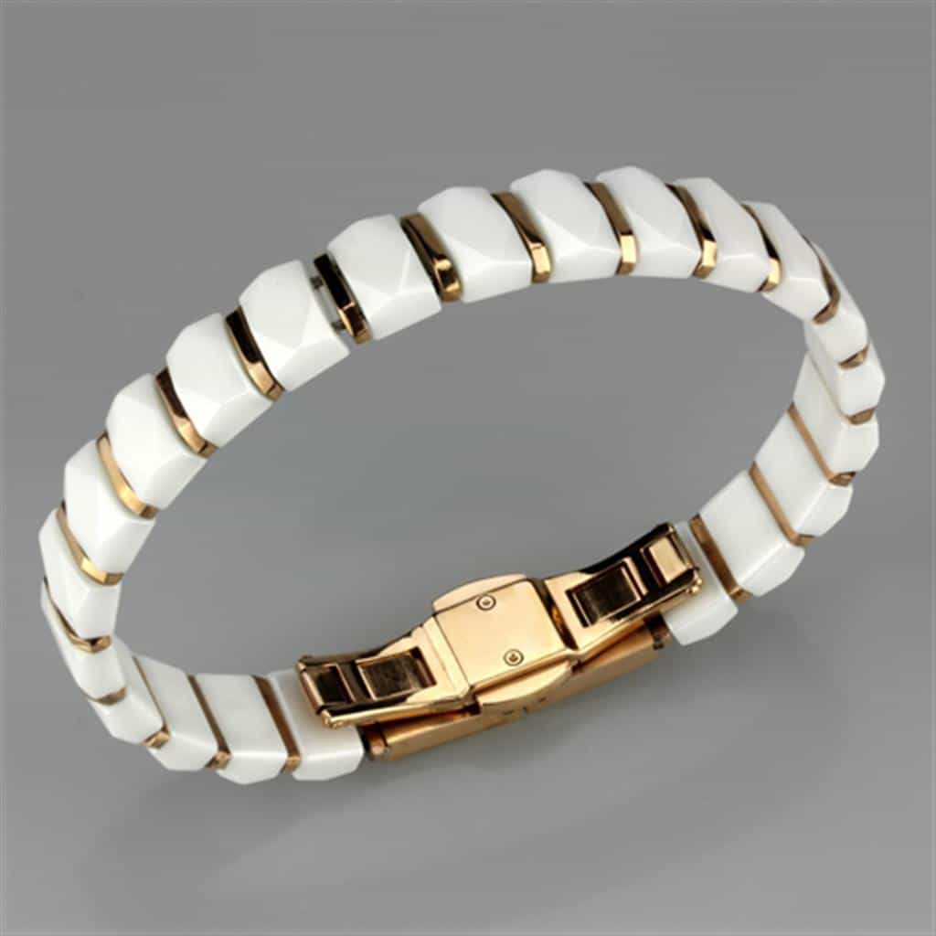 Stainless Steel White Ceramic Gold Dome Link Bracelet view 2