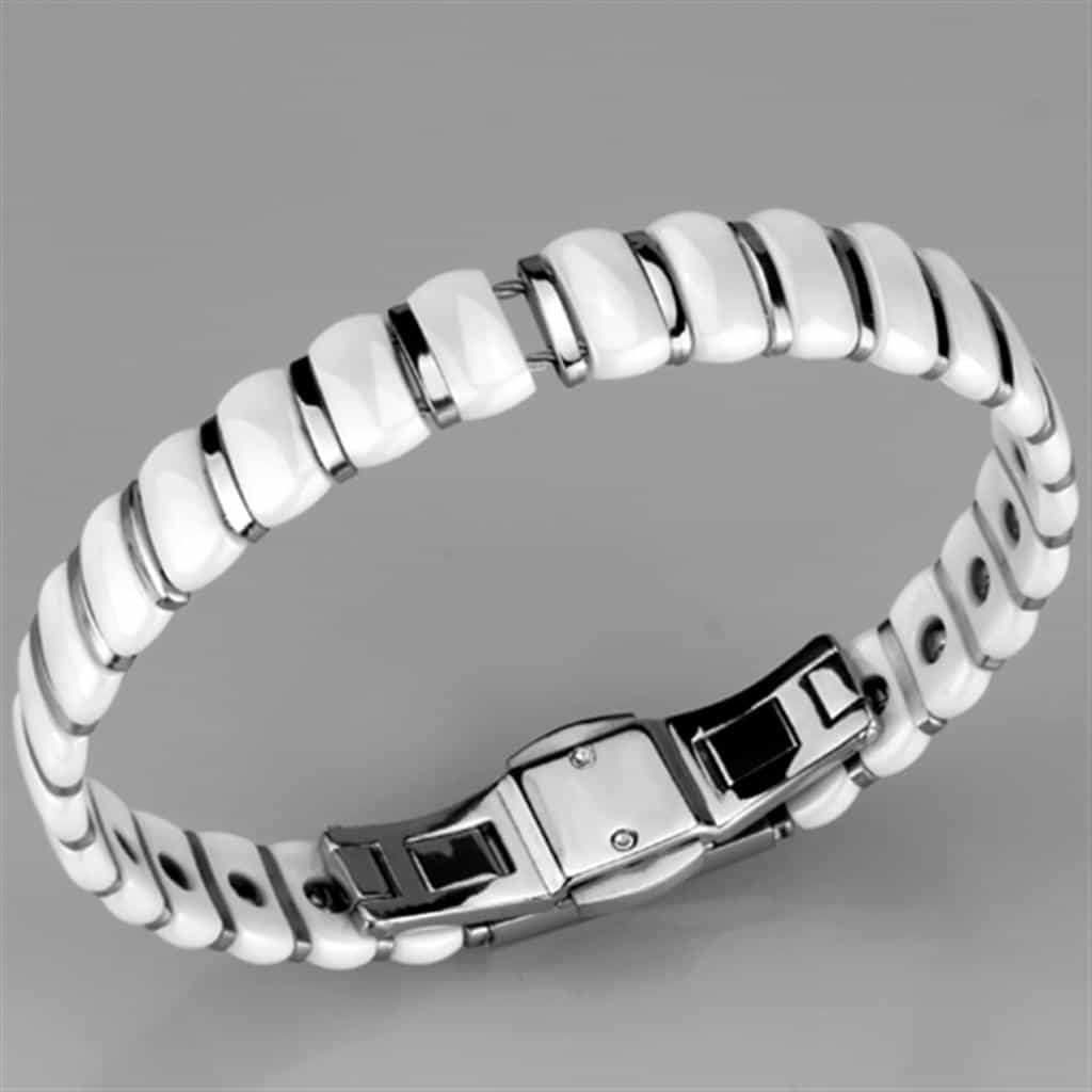 Stainless Steel White Ceramic Silver Wave Link Bracelet view 2