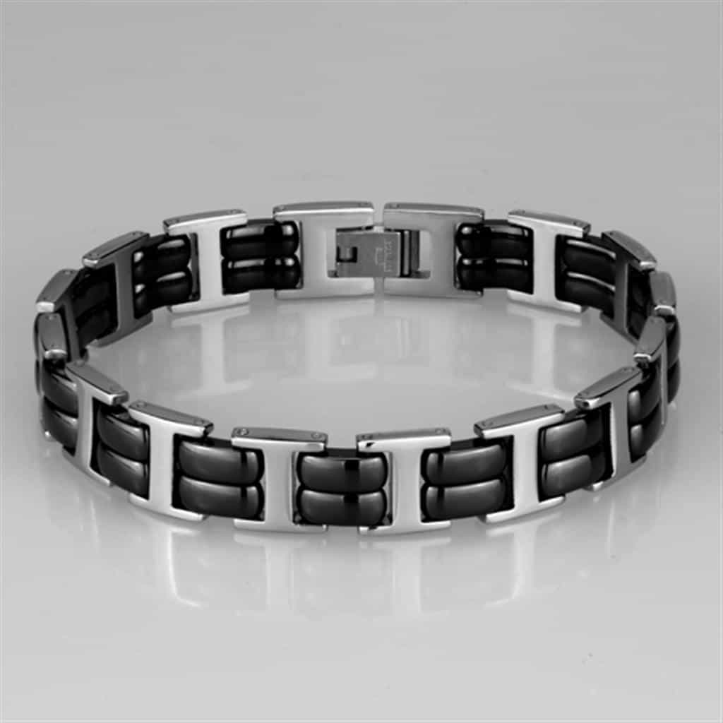 Stainless Steel Black Ceramic Silver Square Link Bracelet view 2