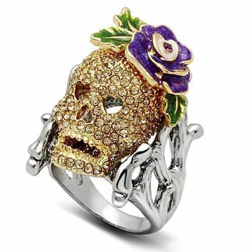 Brass Gold Skull Purple Rose CZ Ring | The Stainless Jewelry view 1